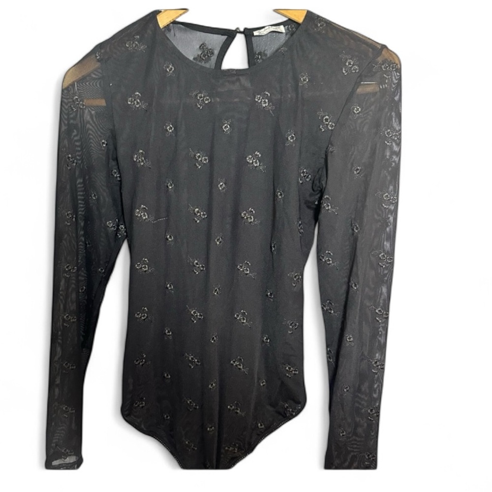 Free People Chic Black Lace Bodysuit Embroidered Detailing M
